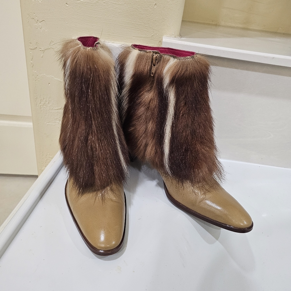 Fendi Tan Leather & Fur Booties Made in Italy Size EU 36.5 / US 6.5